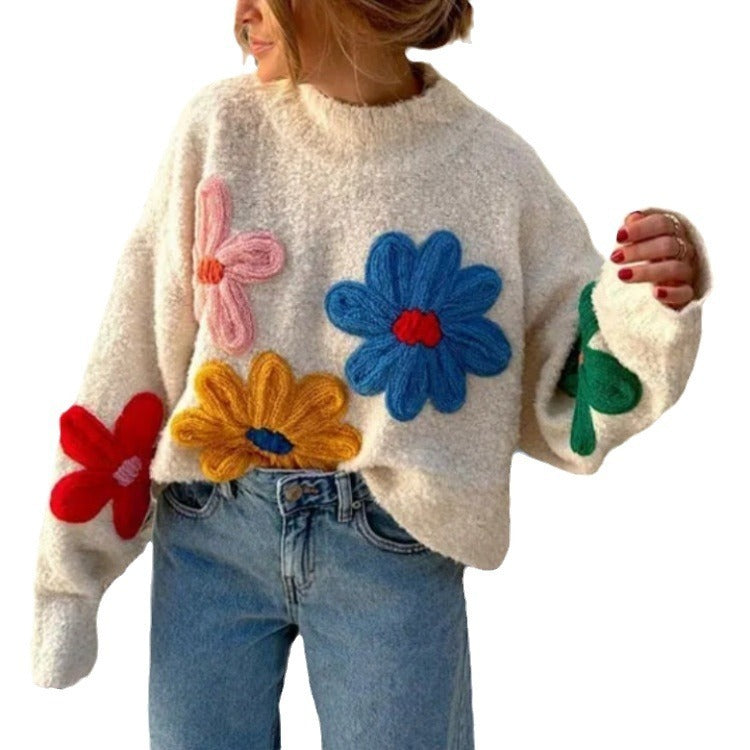 Color Little Flower Women's Machine Embroidery Pullover Sweater