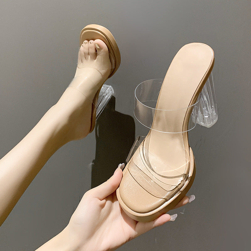 Crystal Transparent Thick Heel Fashion Net Celebrity Ins Tide High Heel Slippers
