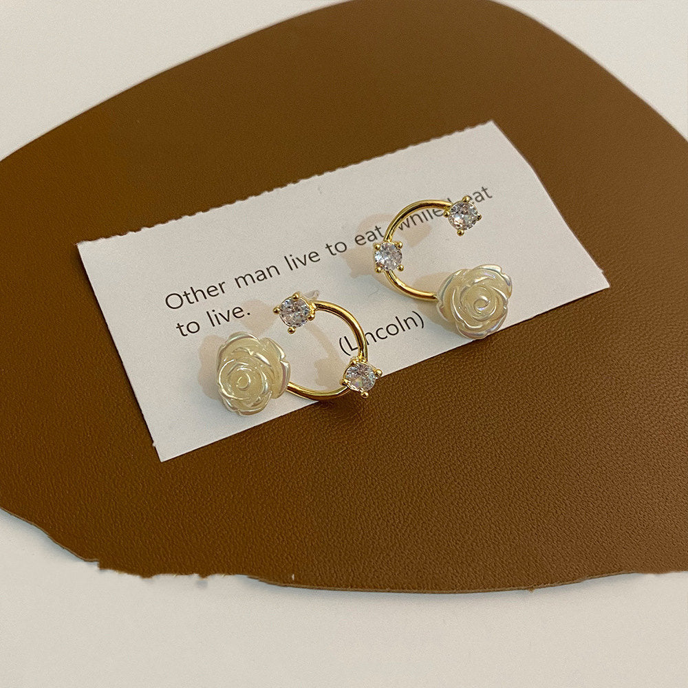 White Rose Rhinestone Silver Stud Earrings Simple French