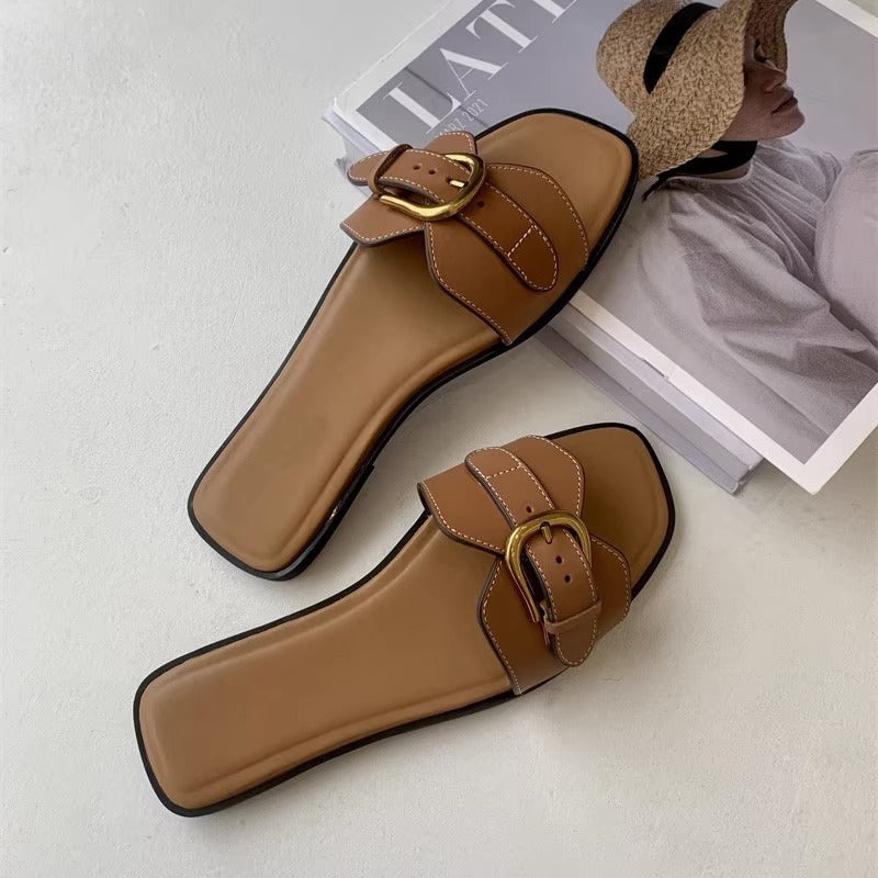 French Flat Slippers Women's Summer Wear Retro Buckle Sandals Lazy Casual Vacation Beach Shoes