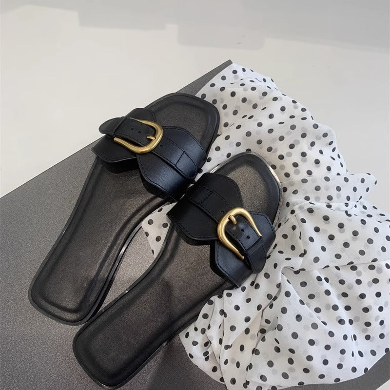 French Flat Slippers Women's Summer Wear Retro Buckle Sandals Lazy Casual Vacation Beach Shoes