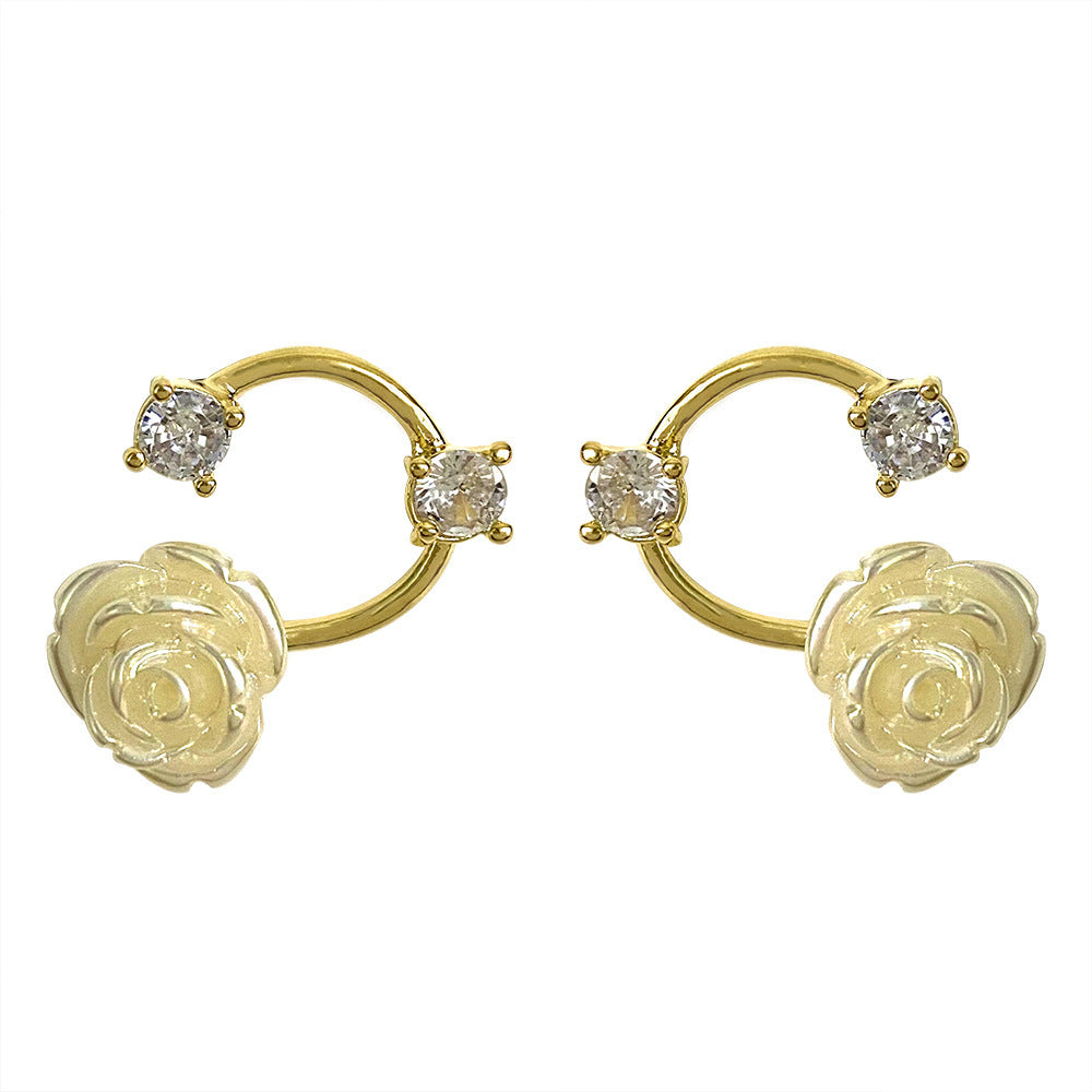 White Rose Rhinestone Silver Stud Earrings Simple French