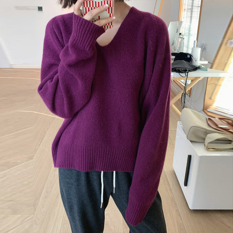 Simple Basic V-neck Casual Style Knitwear Soft Glutinous Small Short Bottoming Shirt Sweater