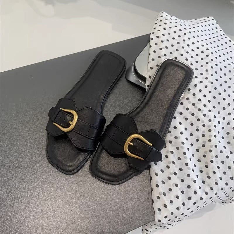 French Flat Slippers Women's Summer Wear Retro Buckle Sandals Lazy Casual Vacation Beach Shoes
