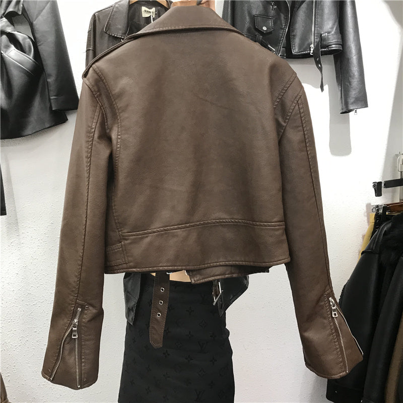 Women's Short Lace-up Motorcycle Pu Leather Jacket