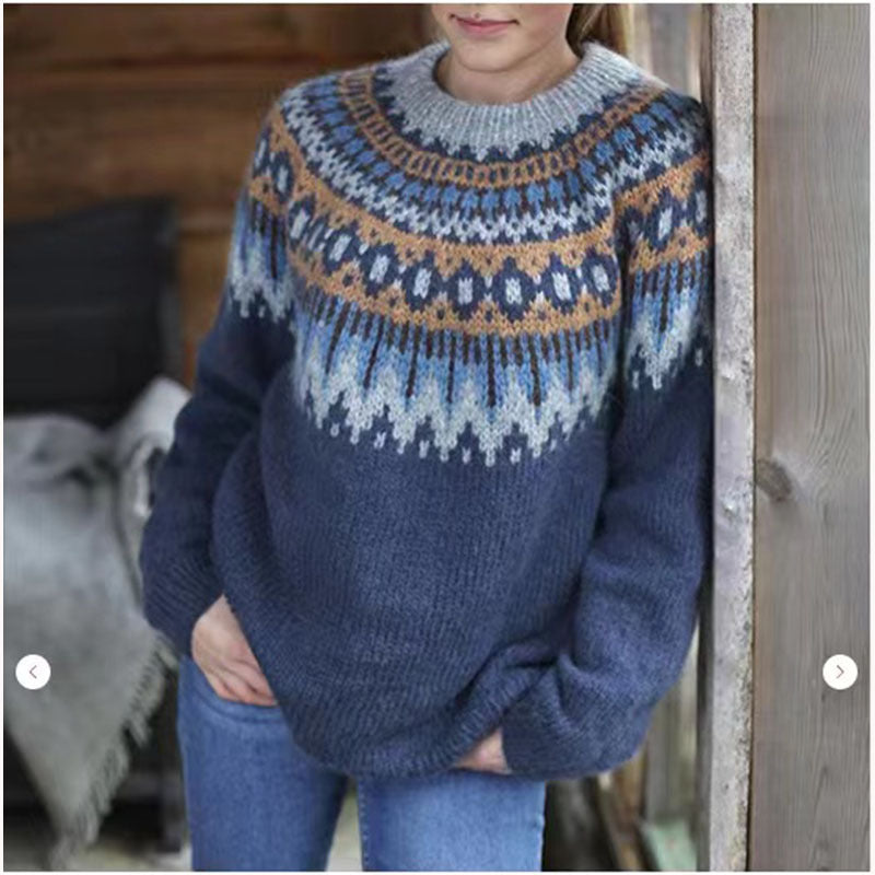 Women's Round Neck Pullover Jacquard Vintage Print Sweater