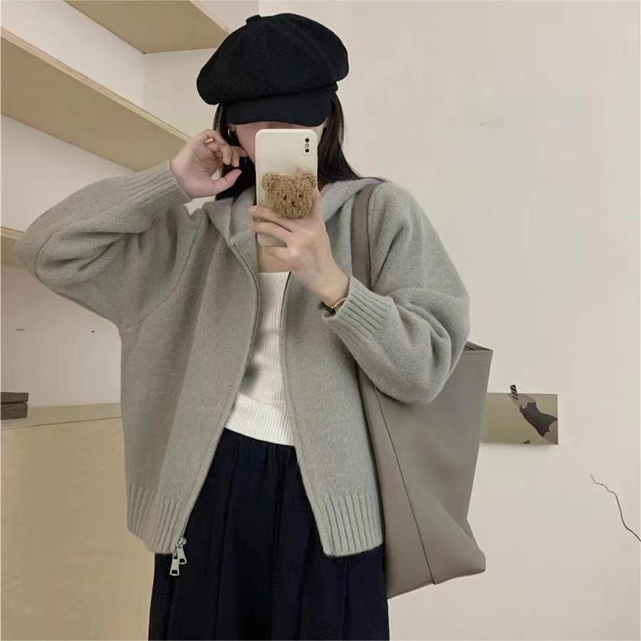 Idle Style Hooded Knit Cardigan Double Zipper Niche Design Cropped Sweater Coat