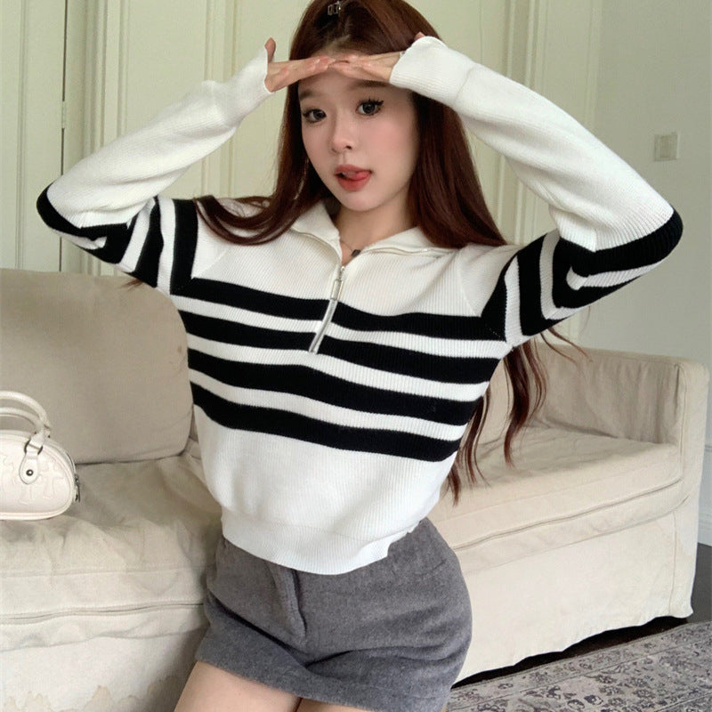 Contrast Color Striped Zipper Pullover Long Sleeve Sweater