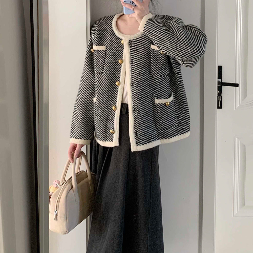 Sweater Coat French Advanced Contrast Color Knitted Cardigan