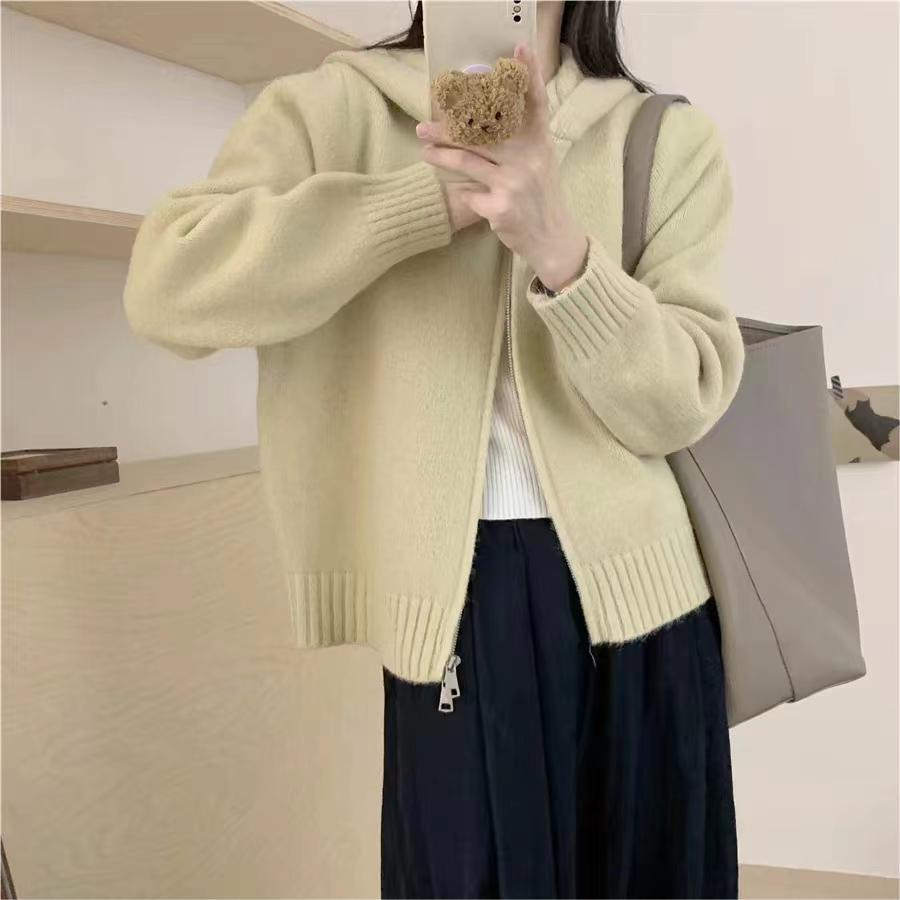 Idle Style Hooded Knit Cardigan Double Zipper Niche Design Cropped Sweater Coat