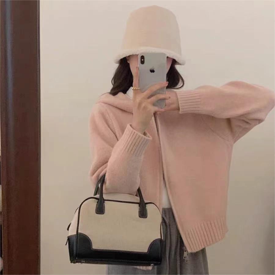 Idle Style Hooded Knit Cardigan Double Zipper Niche Design Cropped Sweater Coat