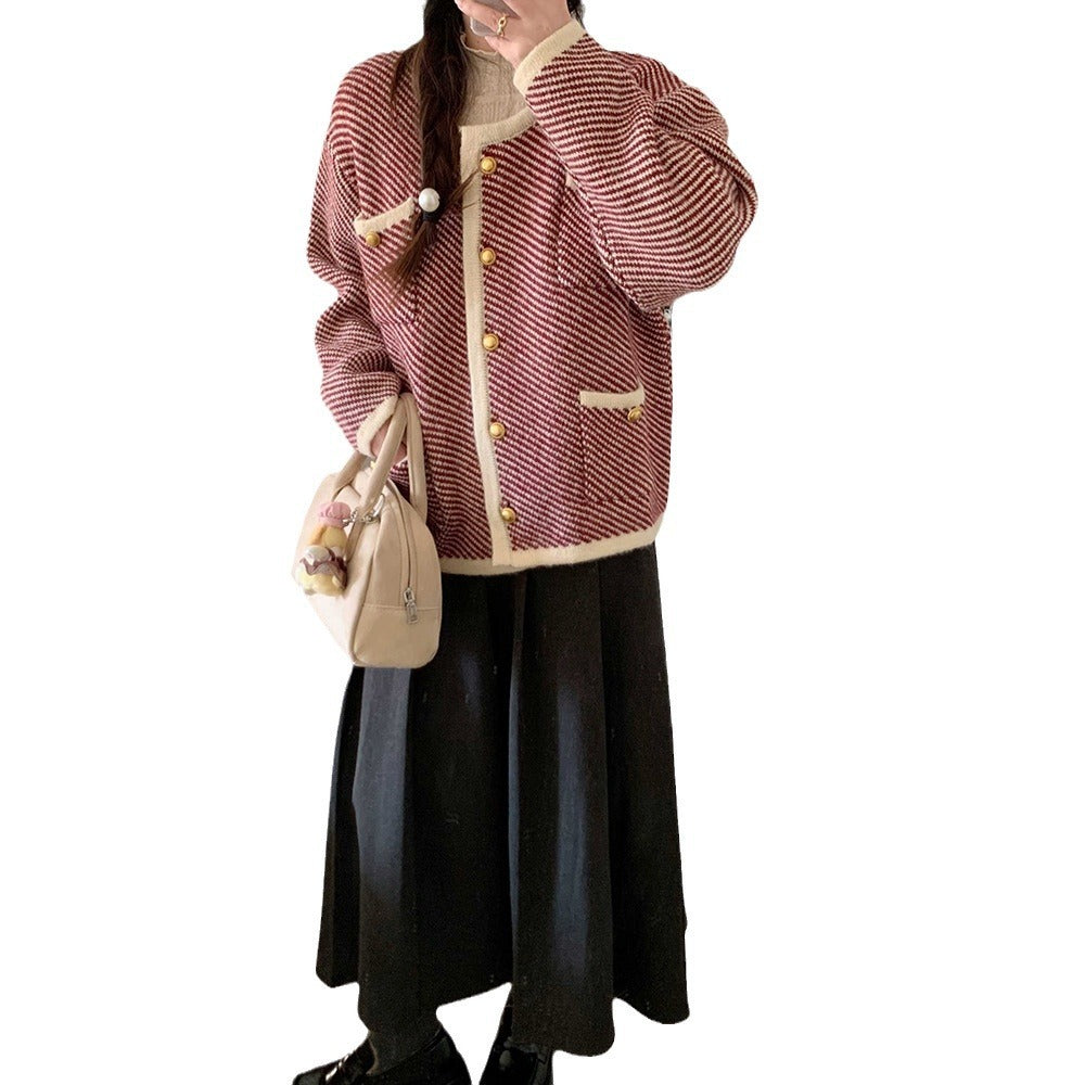 Sweater Coat French Advanced Contrast Color Knitted Cardigan