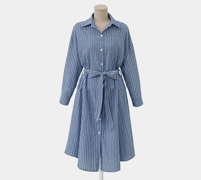 Long Striped Shirt Female Plus Size Series Belt Long Sleeve Shirt Skirt
