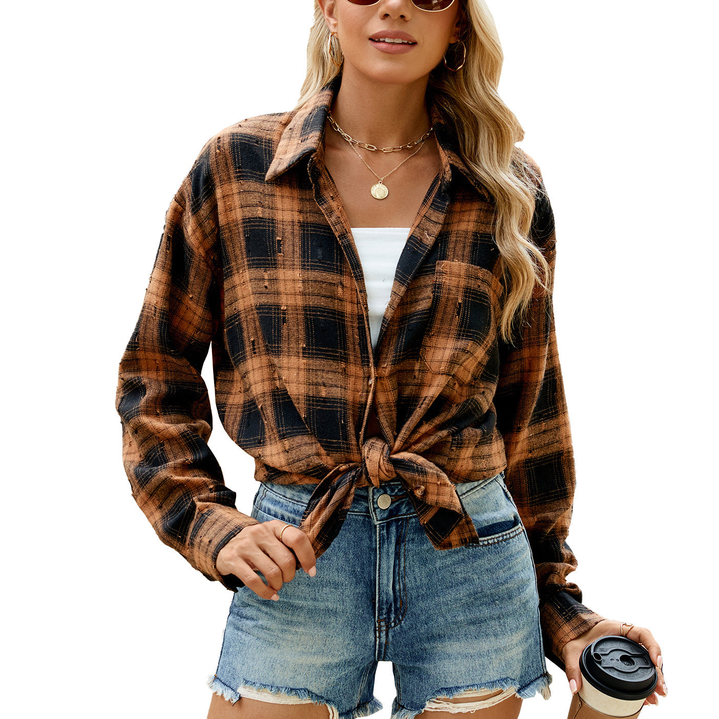 Fashion Retro Long Sleeve Loose Lapels Plaid Women