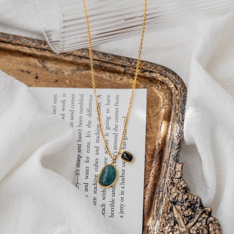 Special Interest Light Luxury Design Green Black Agate Double Pendant Necklace
