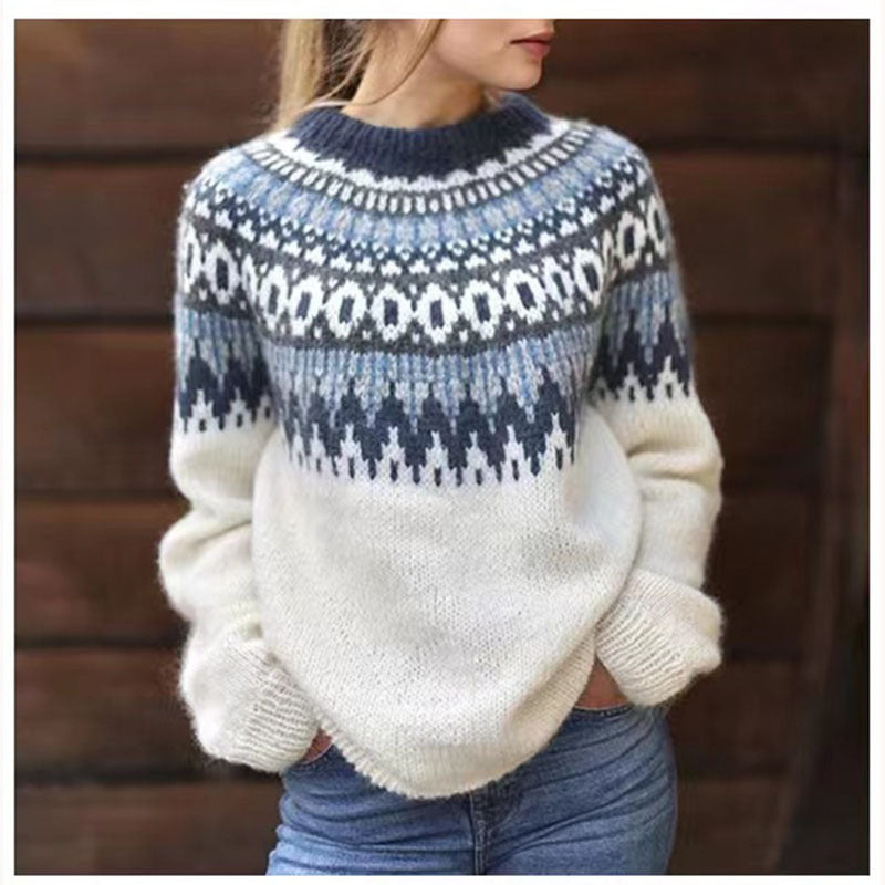 Women's Round Neck Pullover Jacquard Vintage Print Sweater