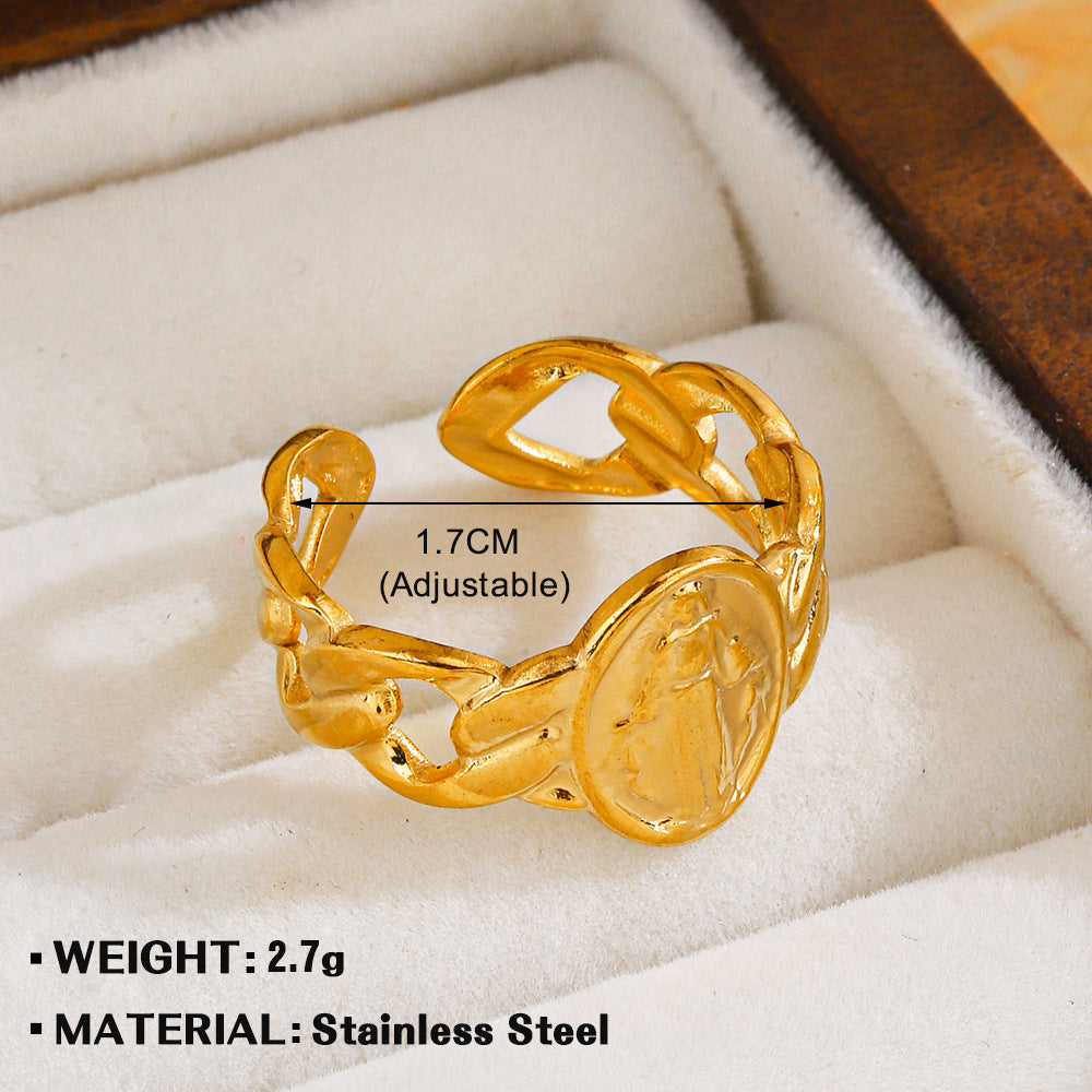 European And American Fashion Oil Pressure Portrait Titanium Steel Ring Women's French Retro