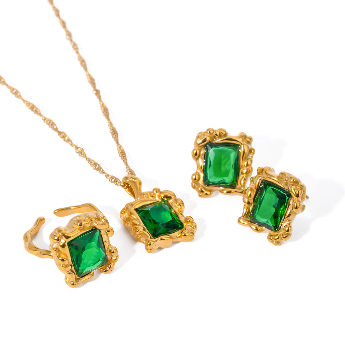 Retro Texture Green Open-end Zircon Ring Women
