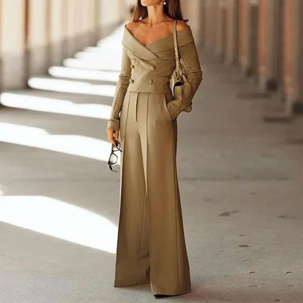 European And American Temperament Commute Solid Color Long Sleeve V-neck Suit
