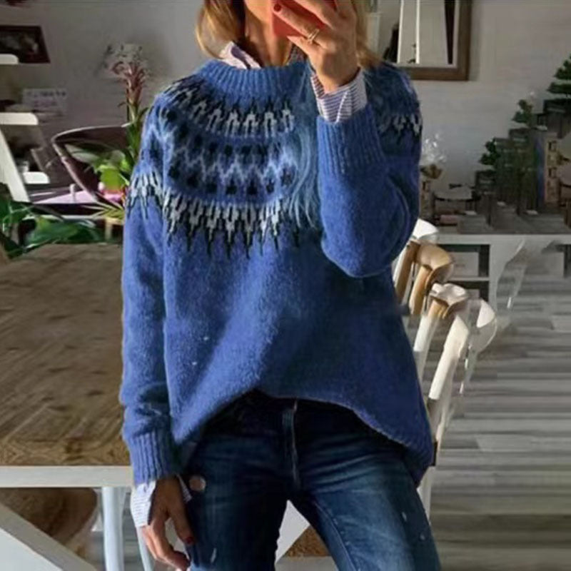 Women's Round Neck Pullover Jacquard Vintage Print Sweater