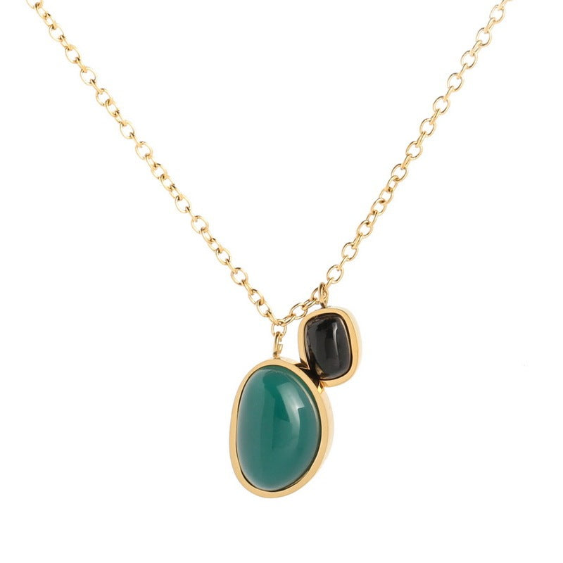 Special Interest Light Luxury Design Green Black Agate Double Pendant Necklace