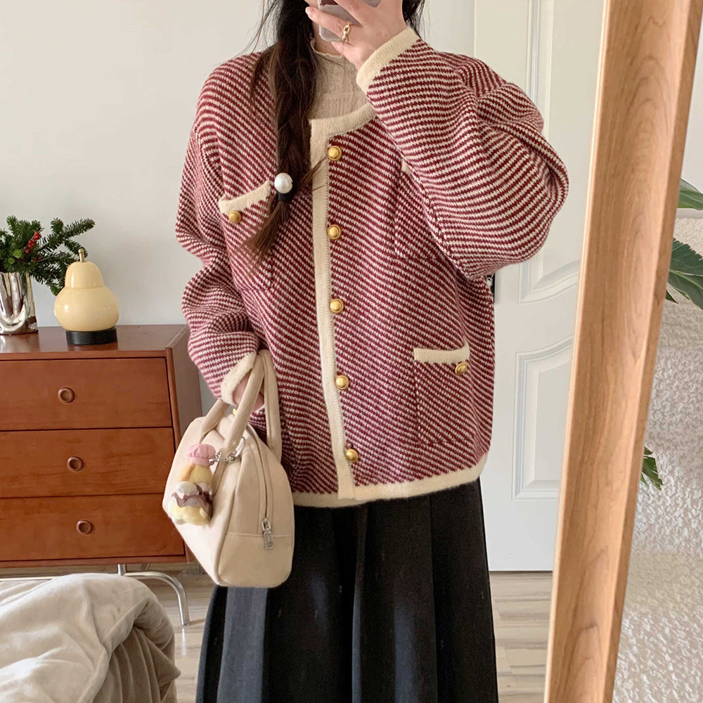 Sweater Coat French Advanced Contrast Color Knitted Cardigan