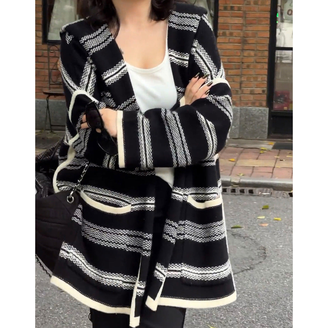 Striped Hooded Casual Mid-length Loose Sweater