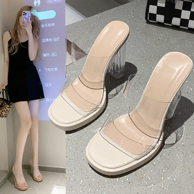 Crystal Transparent Thick Heel Fashion Net Celebrity Ins Tide High Heel Slippers