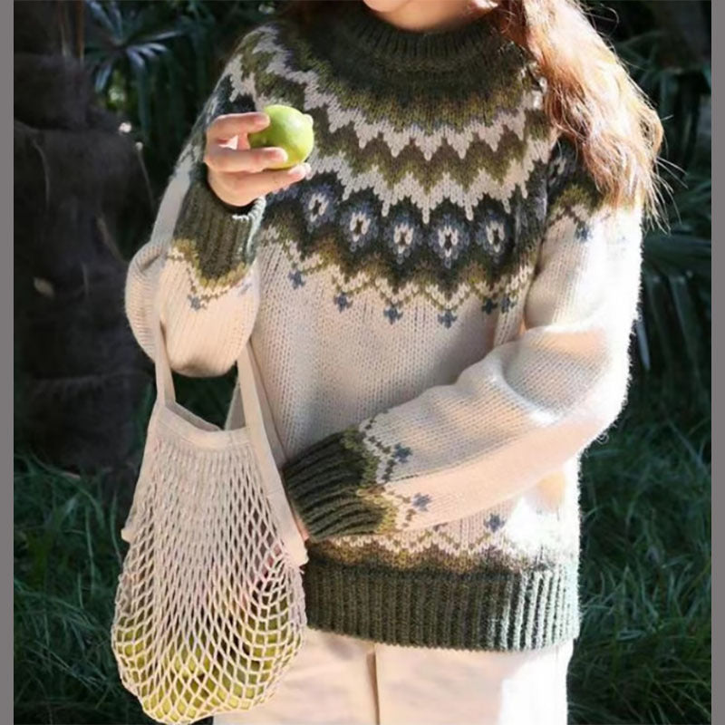 Women's Round Neck Pullover Jacquard Vintage Print Sweater