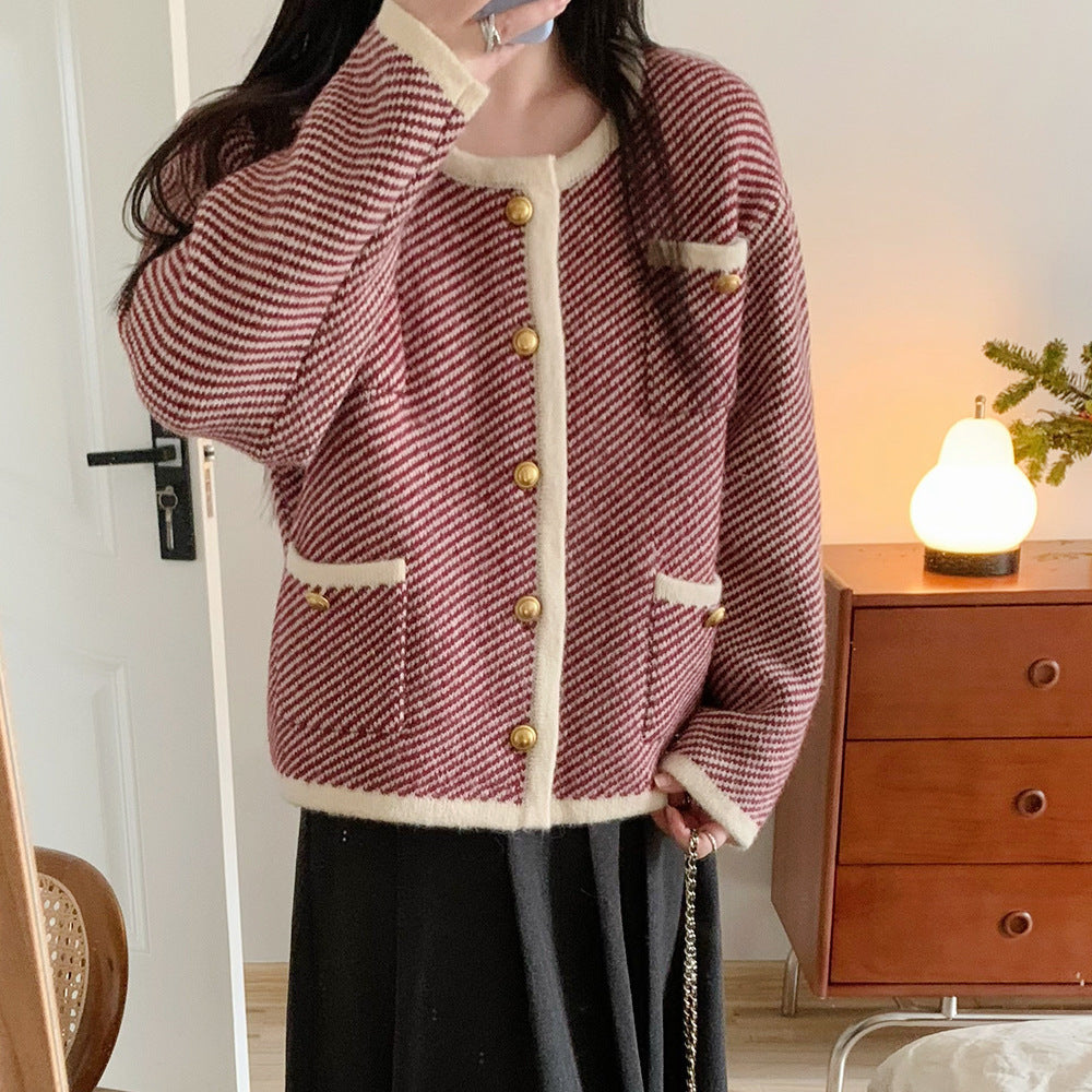 Sweater Coat French Advanced Contrast Color Knitted Cardigan