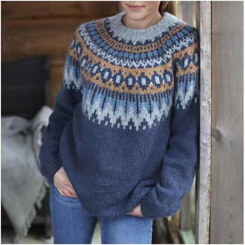 Women's Round Neck Pullover Jacquard Vintage Print Sweater