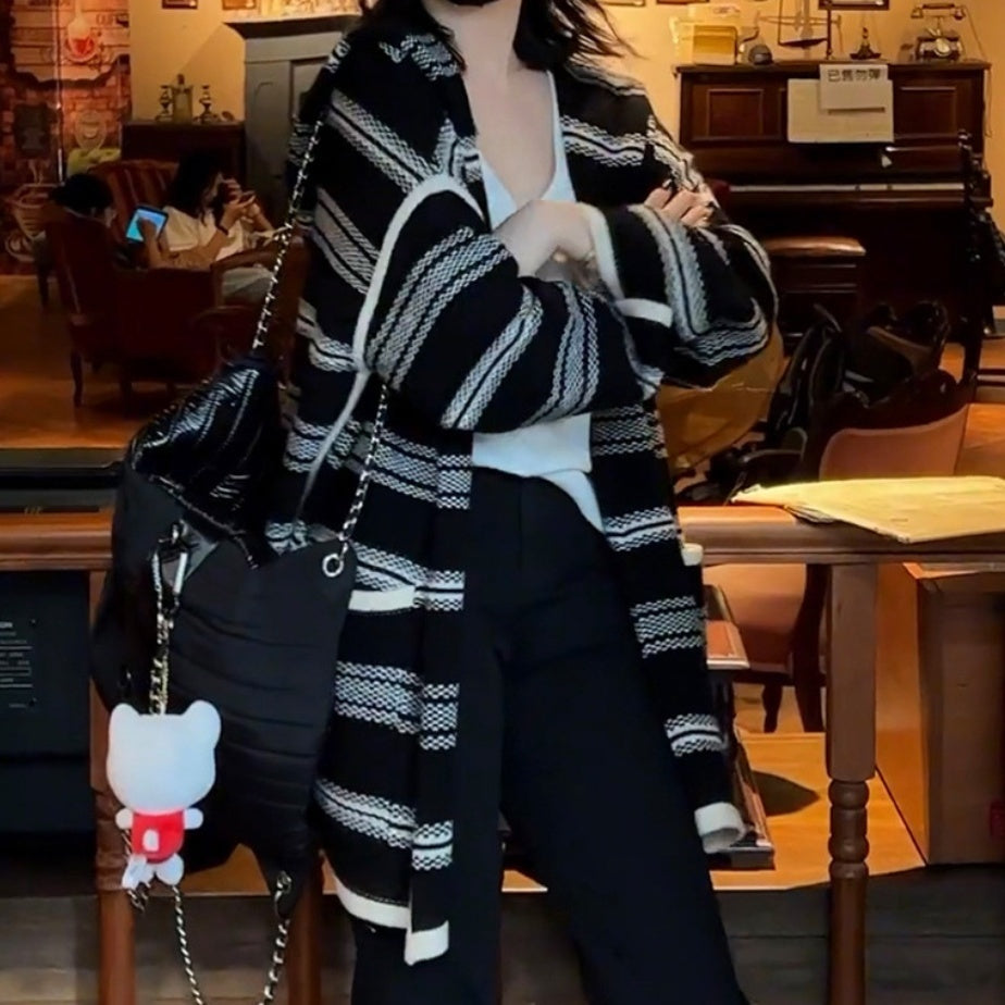 Striped Hooded Casual Mid-length Loose Sweater