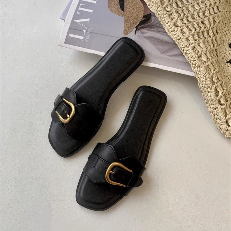 French Flat Slippers Women's Summer Wear Retro Buckle Sandals Lazy Casual Vacation Beach Shoes