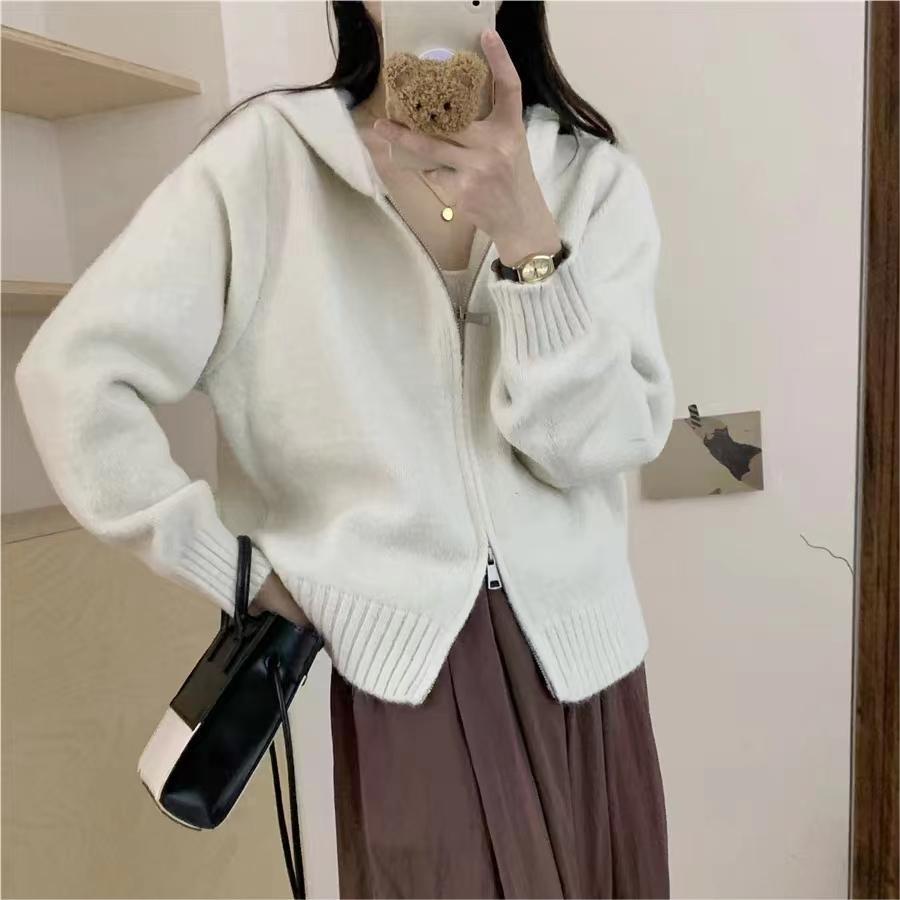 Idle Style Hooded Knit Cardigan Double Zipper Niche Design Cropped Sweater Coat