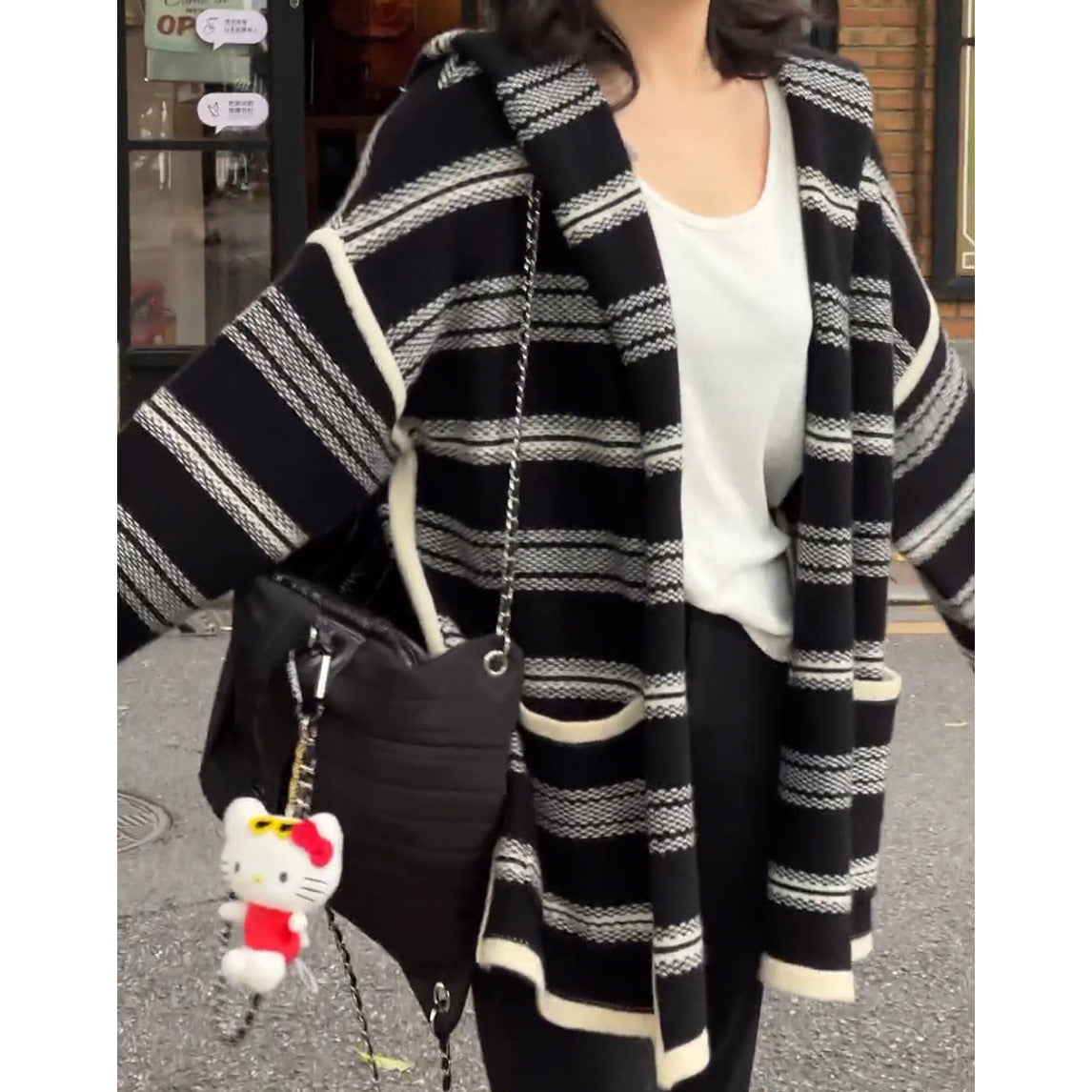 Striped Hooded Casual Mid-length Loose Sweater