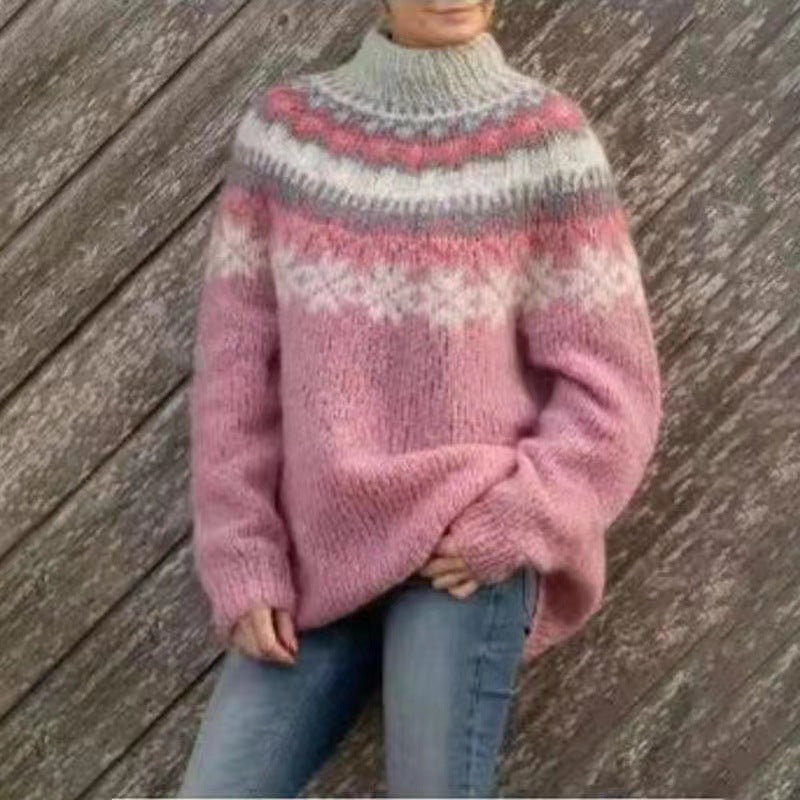 Women's Round Neck Pullover Jacquard Vintage Print Sweater