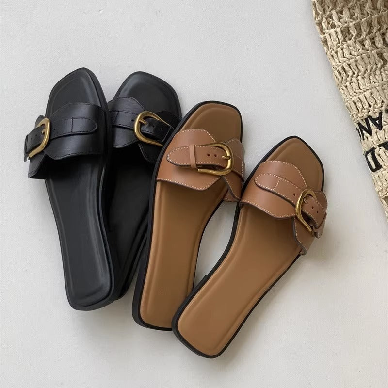 French Flat Slippers Women's Summer Wear Retro Buckle Sandals Lazy Casual Vacation Beach Shoes