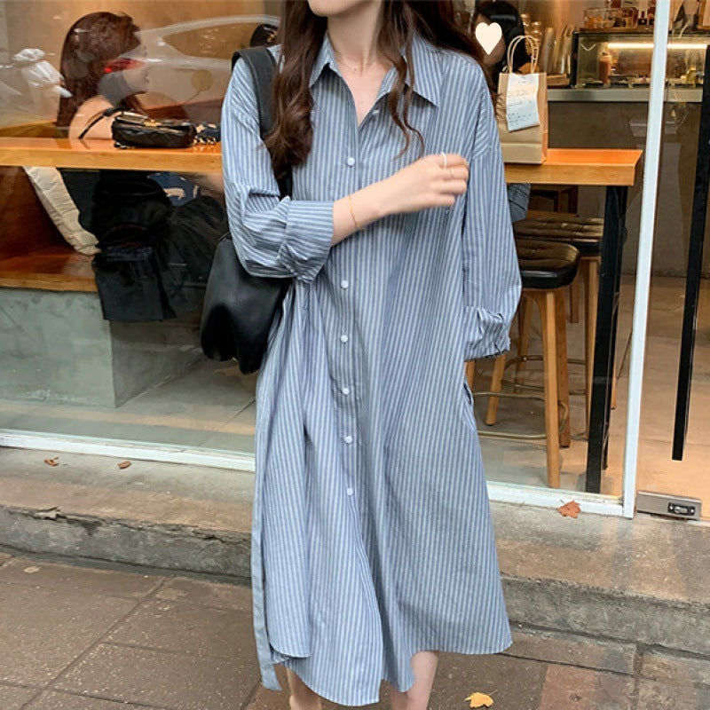 Long Striped Shirt Female Plus Size Series Belt Long Sleeve Shirt Skirt