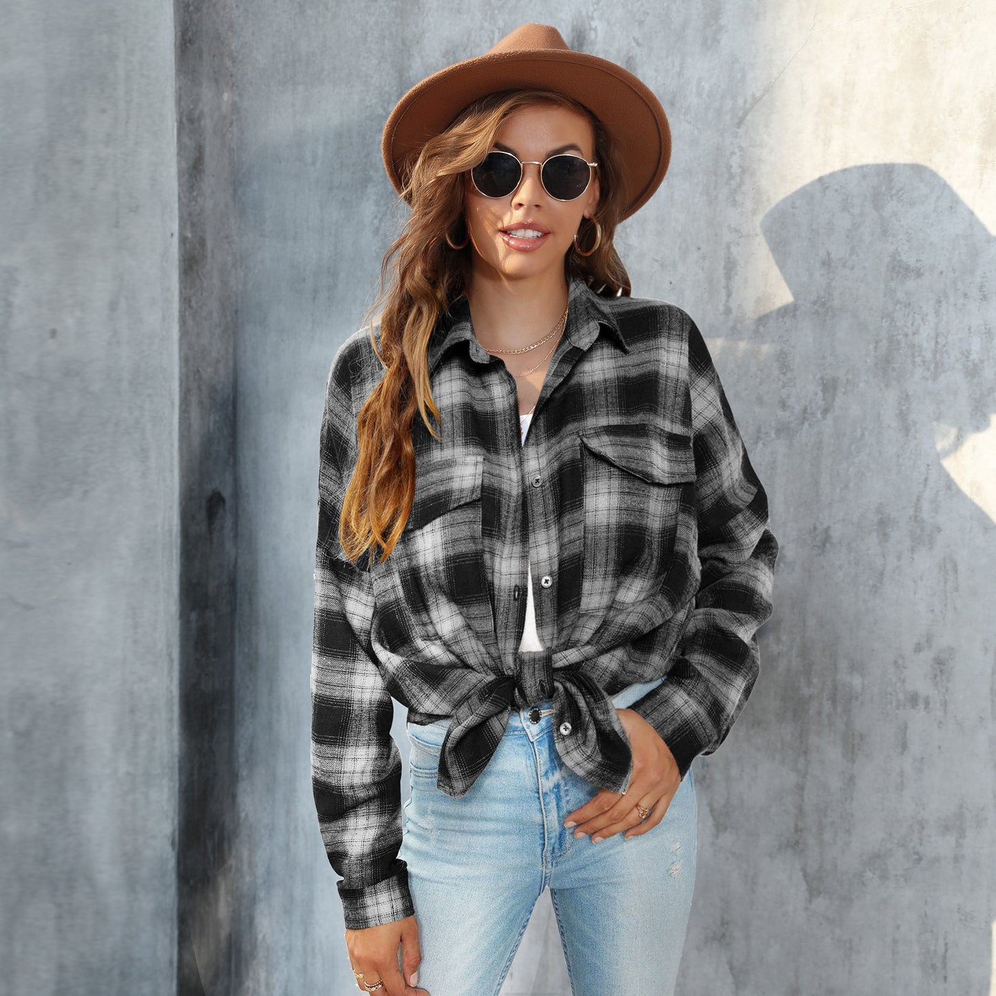 Plus Size Women's Long Sleeve Plaid Button Shirt