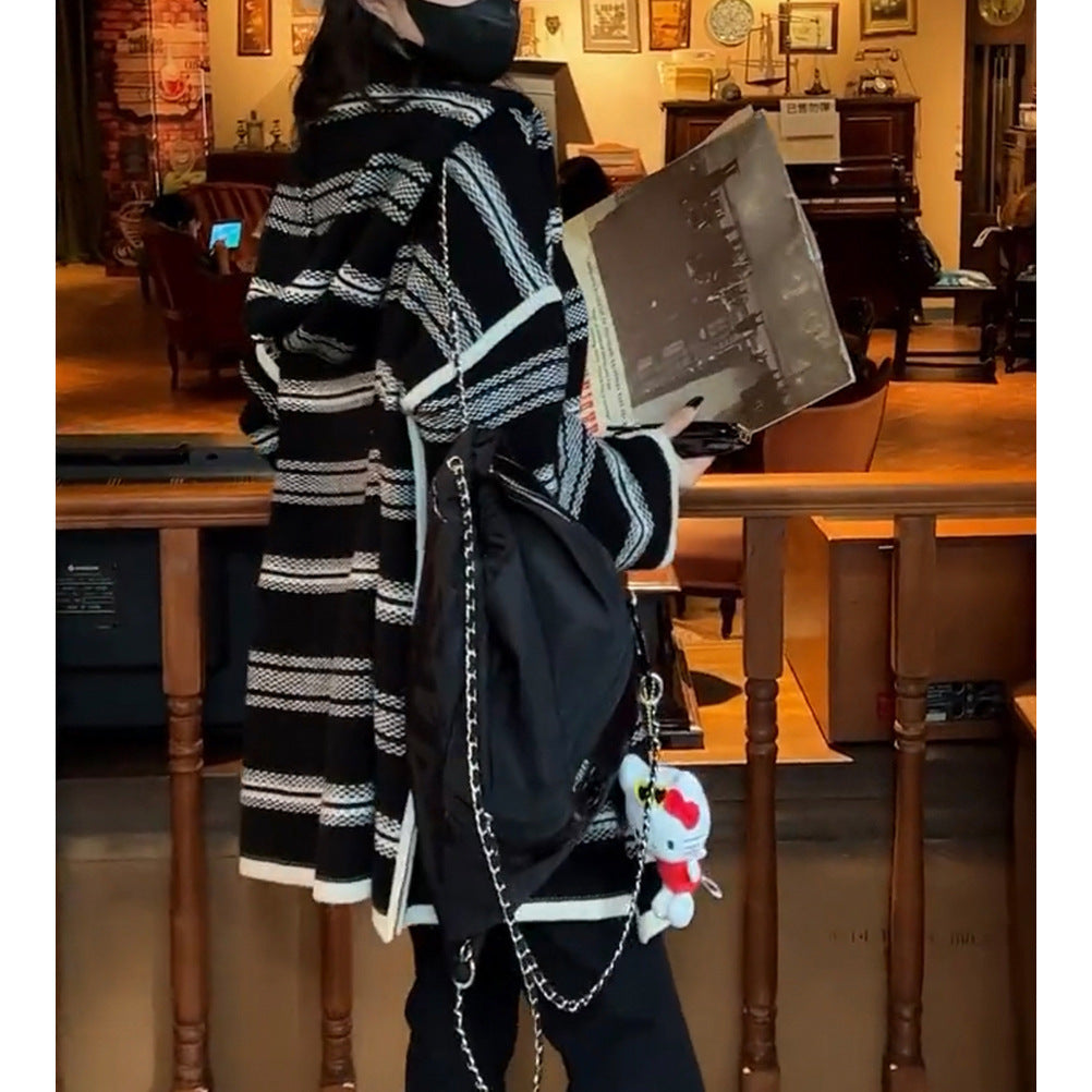 Striped Hooded Casual Mid-length Loose Sweater