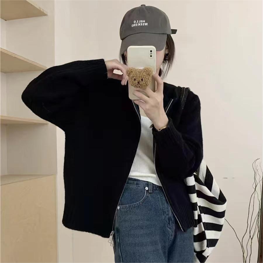 Idle Style Hooded Knit Cardigan Double Zipper Niche Design Cropped Sweater Coat