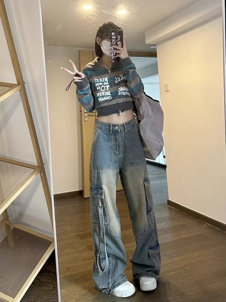 Female American High Street Vibe Hot Girl Cargo Jeans