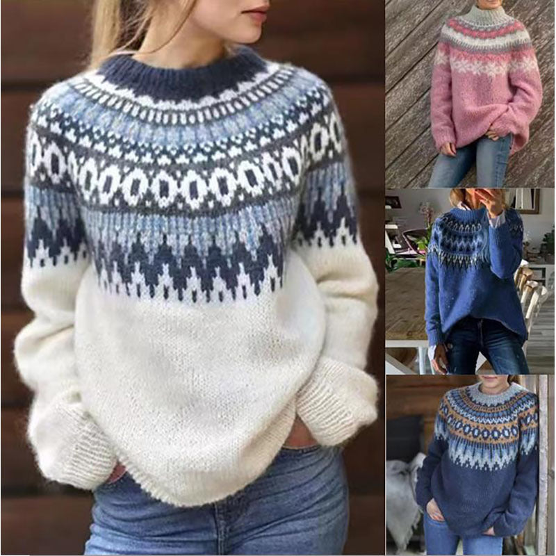 Women's Round Neck Pullover Jacquard Vintage Print Sweater