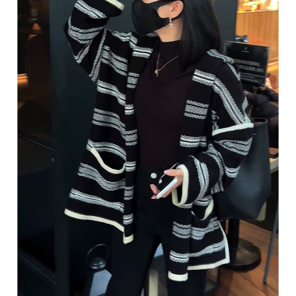 Striped Hooded Casual Mid-length Loose Sweater