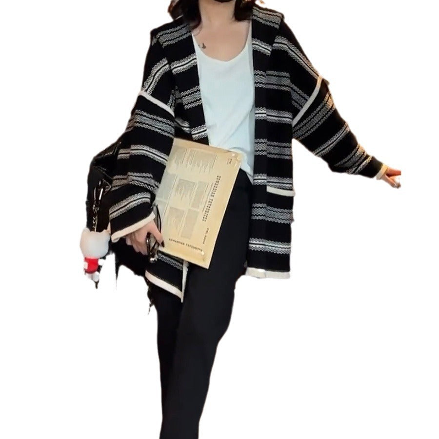 Striped Hooded Casual Mid-length Loose Sweater