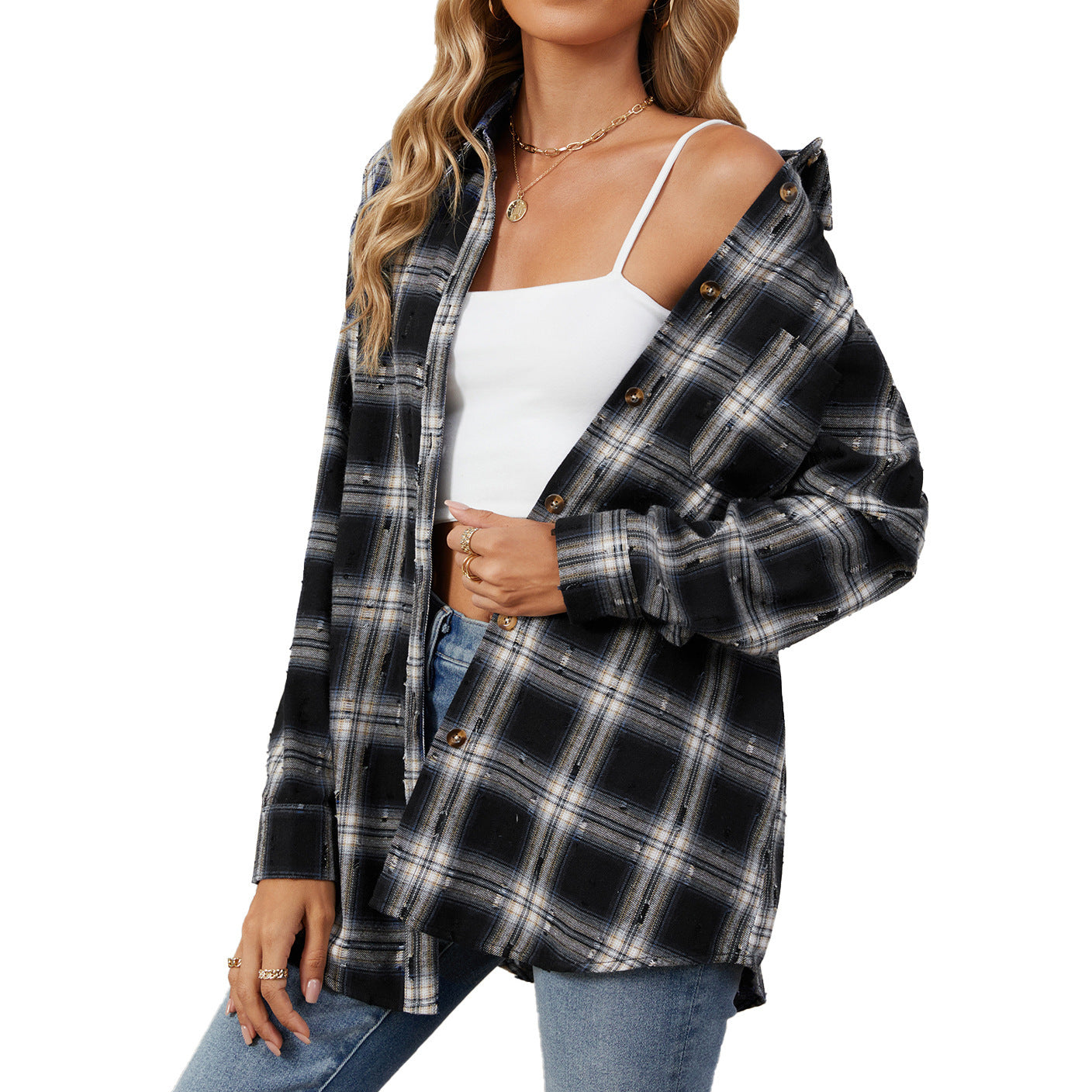 Fashion Retro Long Sleeve Loose Lapels Plaid Women