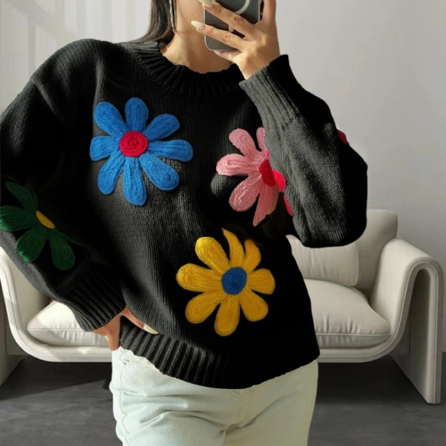 Color Little Flower Women's Machine Embroidery Pullover Sweater