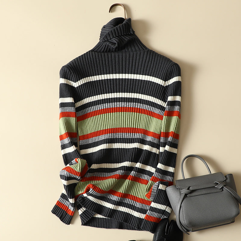 Color Striped Pullover Sweater Western Style Pile High Collar Slim Fit